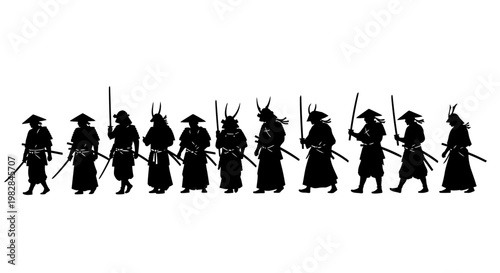 Samurai Warriors Silhouette Marching with Swords