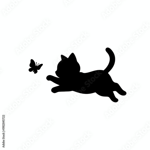 Joyful black cat silhouette pouncing towards a delicate butterfly, capturing a moment of innocent curiosity and energetic pursuit in a simple, elegant illustration