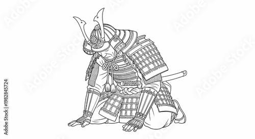 Samurai Warrior Kneeling in Traditional Armor with Sword - Line Art Illustration