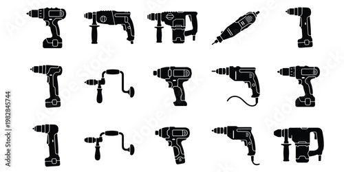 Industrial power drill icons set, professional electric hand tools collection, black silhouette construction equipment, 15 vector hardware elements
