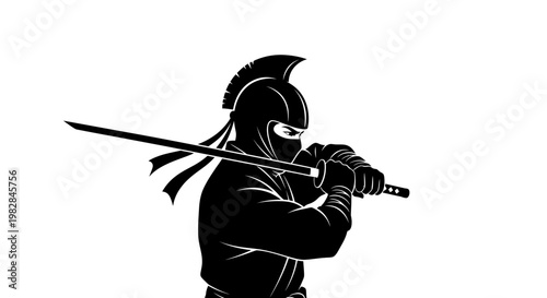 Silhouette Ninja Warrior with Katana Sword, Ancient Warrior, Martial Arts Fighter