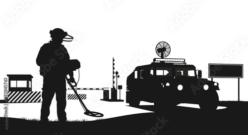 Security guard with metal detector at checkpoint with military vehicle and guard booth