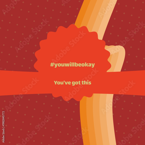 YOU WILL BE OKAY warm vibrant harvest typography layered line backdrop, halo arc, curved text frame, curved slogan band, circle outline texture with khaki gold, burnt orange, chili red, brick maroon