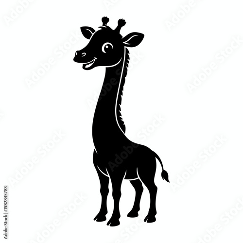 A delightful black silhouette of a young giraffe, standing confidently against a clean white background, exuding a sense of gentle curiosity and youthful charm