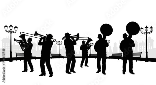 Silhouette Jazz Band Playing Music Outdoors with Cityscape Background
