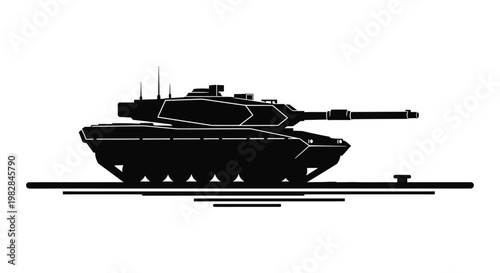 Silhouette of a modern battle tank on a white background, military vehicle icon