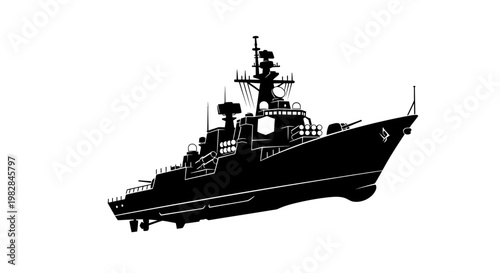 Silhouette of a modern warship with guns and radar, isolated on white background