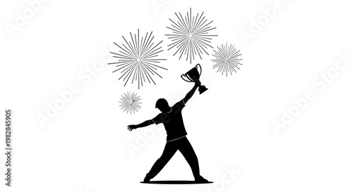 Silhouette of a triumphant person holding a trophy with fireworks in the background, celebrating success.