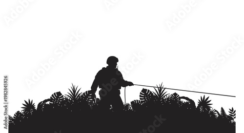 Silhouette of soldier in jungle with rope, military operation, survival, exploration