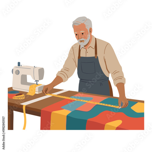 An older man sewing colorful fabric with a tape measure on a table