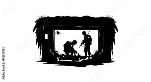 Silhouette of soldiers in a makeshift shelter, one tending to a fallen comrade.
