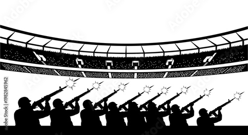 Silhouette of soldiers firing rifles in front of stadium stands