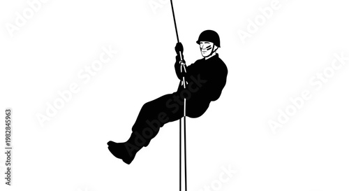 Silhouette of Soldier Rappelling Down Rope, Military Training, Extreme Sports