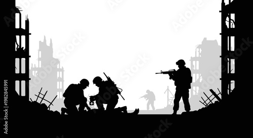 Silhouette Soldiers in Ruined Cityscape, War and Conflict Concept