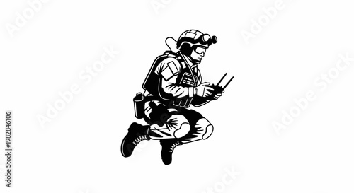 Soldier controlling drone with remote, tactical gear, military operation, surveillance, modern warfare