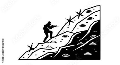 Soldier climbing treacherous mountain with mines and explosions