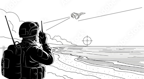 Soldier controlling drone on beach, military surveillance, advanced technology, communication