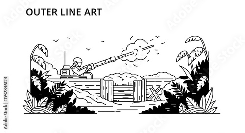Soldier firing heavy machine gun from trench, war scene, line art illustration