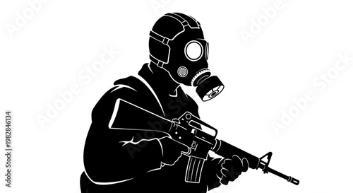 Soldier in Gas Mask Holding Assault Rifle, Black and White Silhouette