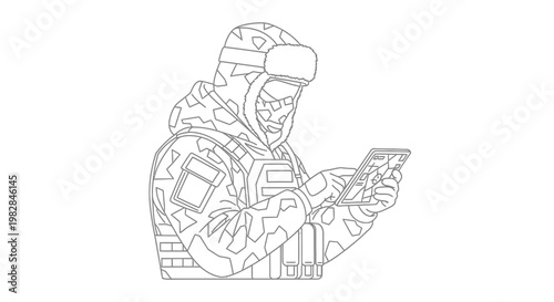 Soldier in camouflage gear with fur hat using tablet in winter, line art