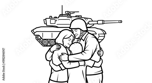 Soldier Hugging Family Goodbye Before Deployment with Tank Background