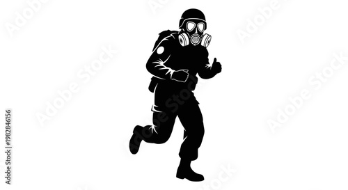 Soldier in gas mask running, hazmat suit, protective gear, silhouette, danger, emergency
