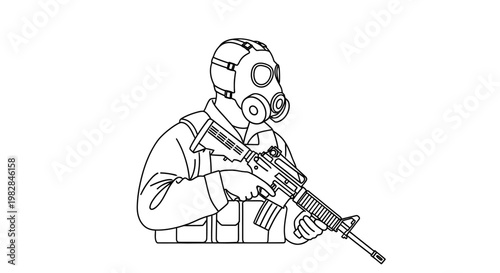 Soldier in gas mask holding rifle, military, protection, warfare, tactical gear, illustration