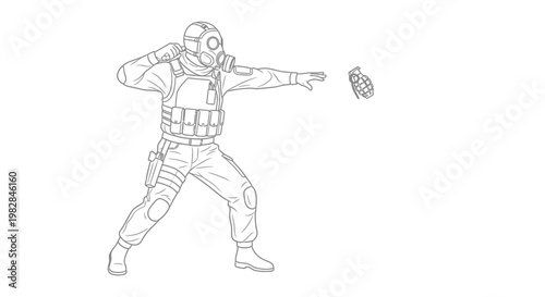 Soldier in gas mask throws grenade, tactical gear, combat action, military illustration