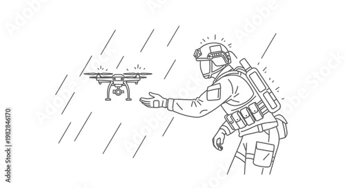 Soldier in rain catching drone with hand, tactical gear, military technology, surveillance