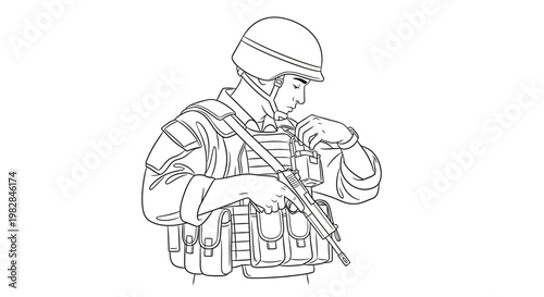Soldier in tactical gear adjusting rifle, military training, focus, action, line art