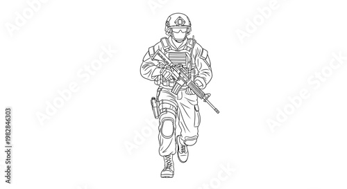 Soldier running with rifle, tactical gear, military action, illustration