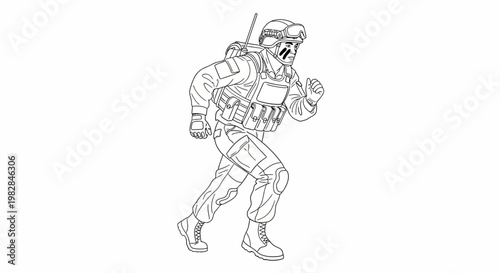 Soldier Running with Tactical Gear and Backpack, Military Action Illustration