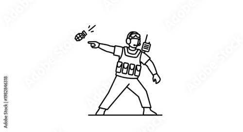Soldier throwing grenade, tactical gear, communication device, action, military, war, combat, illustration