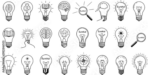 Collection of Hand-Drawn Light Bulb Icons Representing Ideas, Creativity, and Innovation