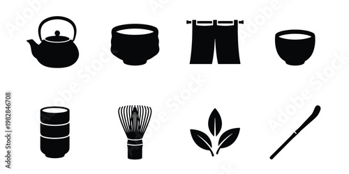 Japanese matcha tea ceremony icon set, black silhouette vector elements of teapot and bamboo whisk, traditional green tea culture symbols