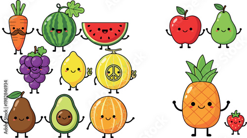 Kawaii Fruit and Vegetable Character Icon Set with Watermelon, Avocado, Carrot, Pineapple, and More for Fun, Healthy Eating, and Playful Design Concepts