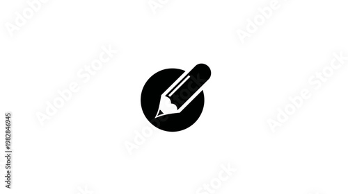Black and white illustration. A pencil on a diagonal through a black circle on a white background