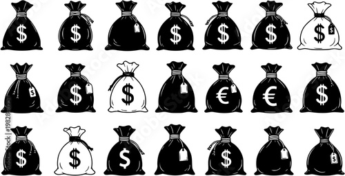 Money Bags Icons: Dollar, Euro Symbols  Blank for Finance, Wealth, Savings, Business