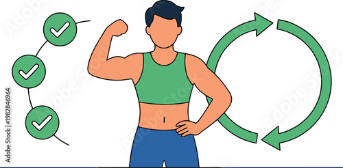 A muscular man flexes his arm next to a green circular arrow and checklist icons.
