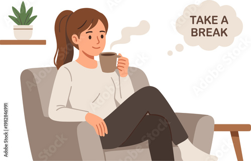 Woman sitting on sofa taking a break with a cup of hot beverage