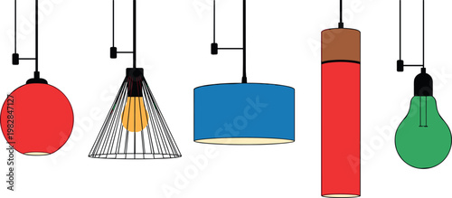 Pendant Light Icon Set with Various Shades, Bulbs, and Colorful Designs for Home Decor, Lighting, and Interior Design Concepts