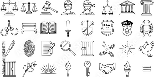 Collection of Law and Justice Icons - Scales, Gavel, Lady Justice, Police Badge, Court, Prison, Dove