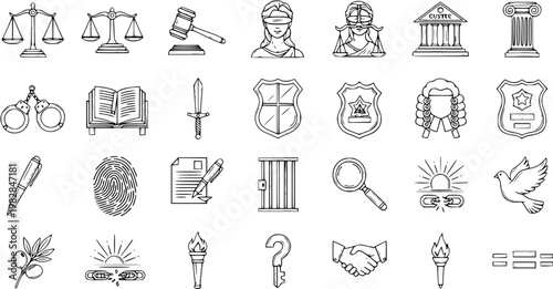 Vector Icons of Justice, Law, and Court Symbols in Outline Style
