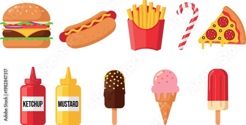 Fast Food and Snack Icon Set with Burger, Fries, Pizza, Ice Cream, Ketchup, Mustard, and More for Culinary, Party, and Snack Concepts