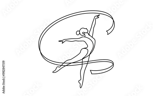 A gymnast performs a rhythmic routine with a ribbon in a fluid motion