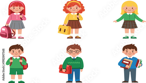 School Kids Characters Set Featuring Cute Children with Backpacks, Books, and School Bags Representing Education, Childhood, and Learning Activities in Flat Vector Style.