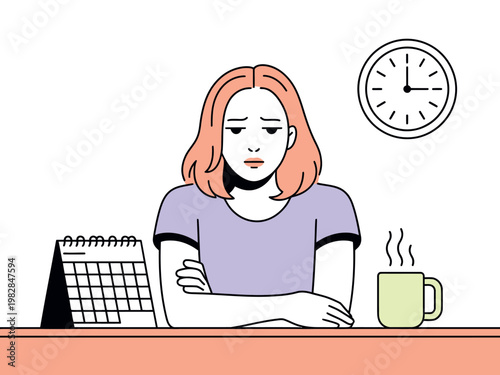 A stressed woman sitting at a desk with a calendar and clock looking worried