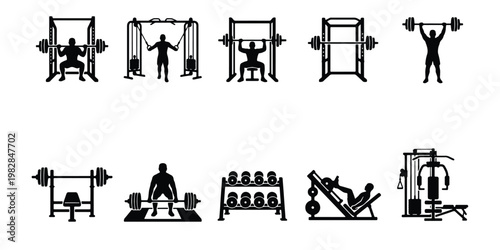Gym equipment icons set, 10 black silhouettes of fitness machines and weightlifting exercises, bodybuilding workout vector illustrations for sports apps