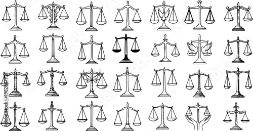 Collection of Hand-Drawn Scales of Justice Icons, symbolizing law, balance, and fairness in various styles.