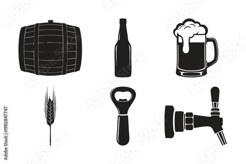 Beer production and consumption silhouette set bundle on white background.